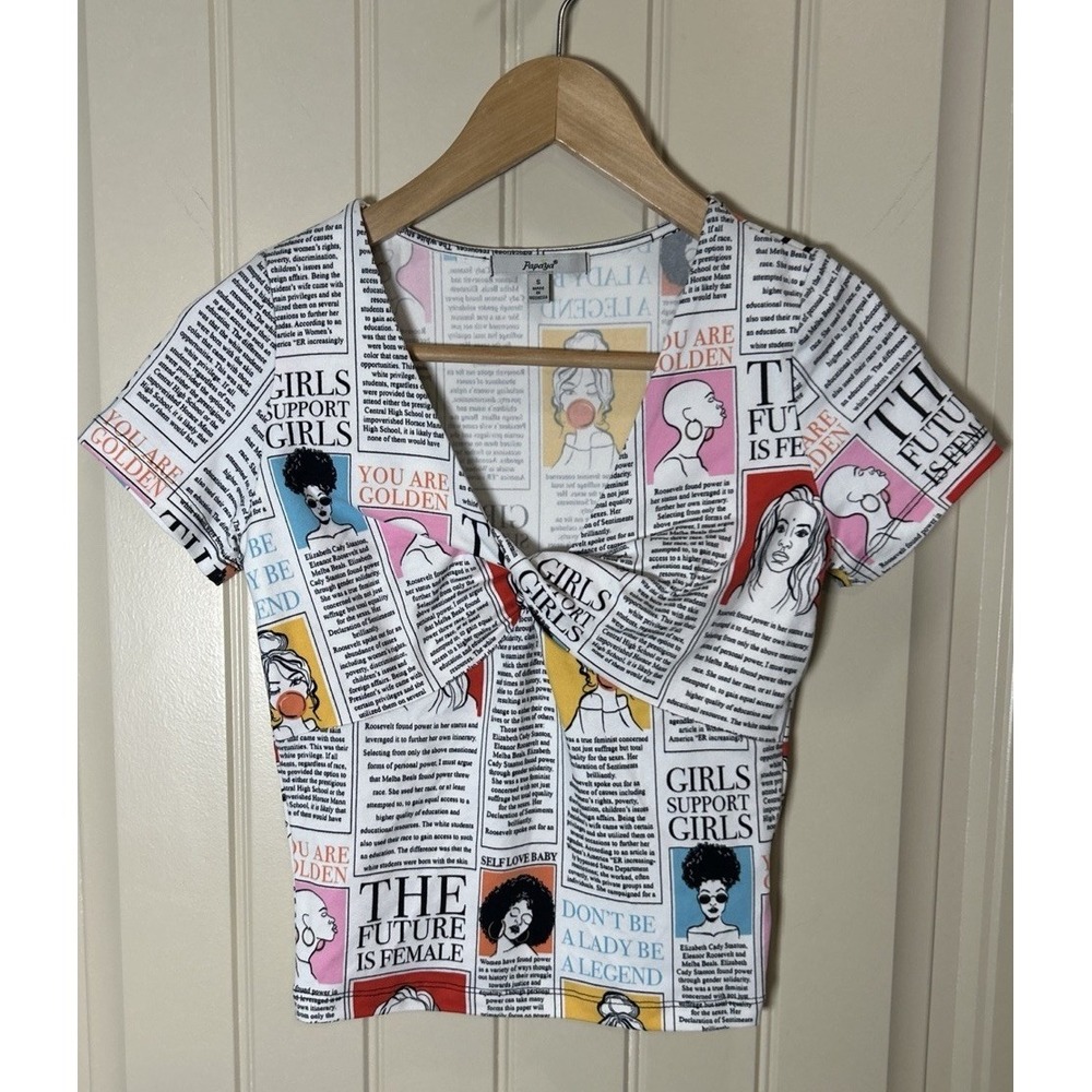 Papaya Women Cropped Blouse Sz S Multicolored Girl Power Graphic Artsy Festival